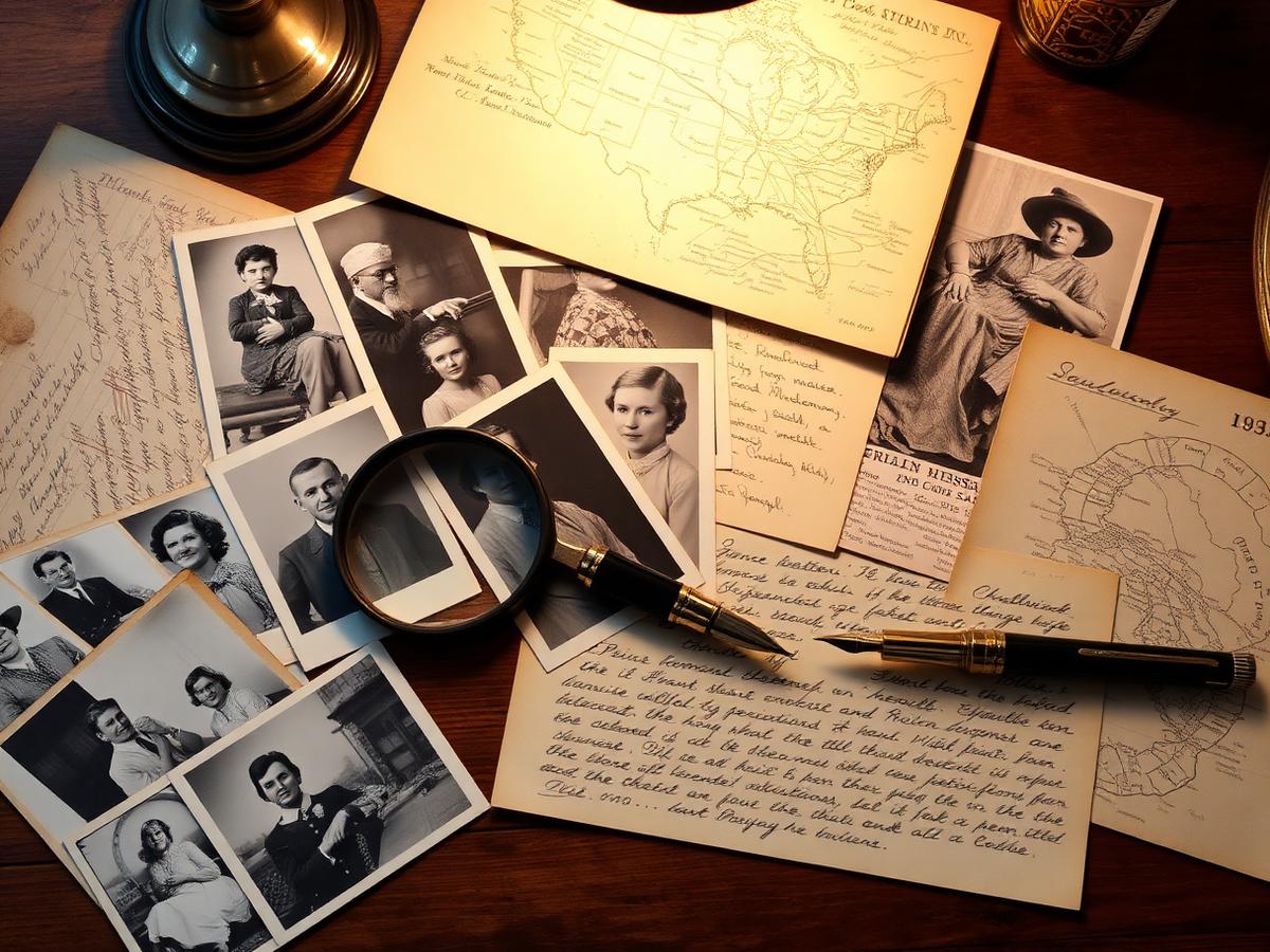 Old family photos, letters, and a magnifying glass laid out for genealogy research