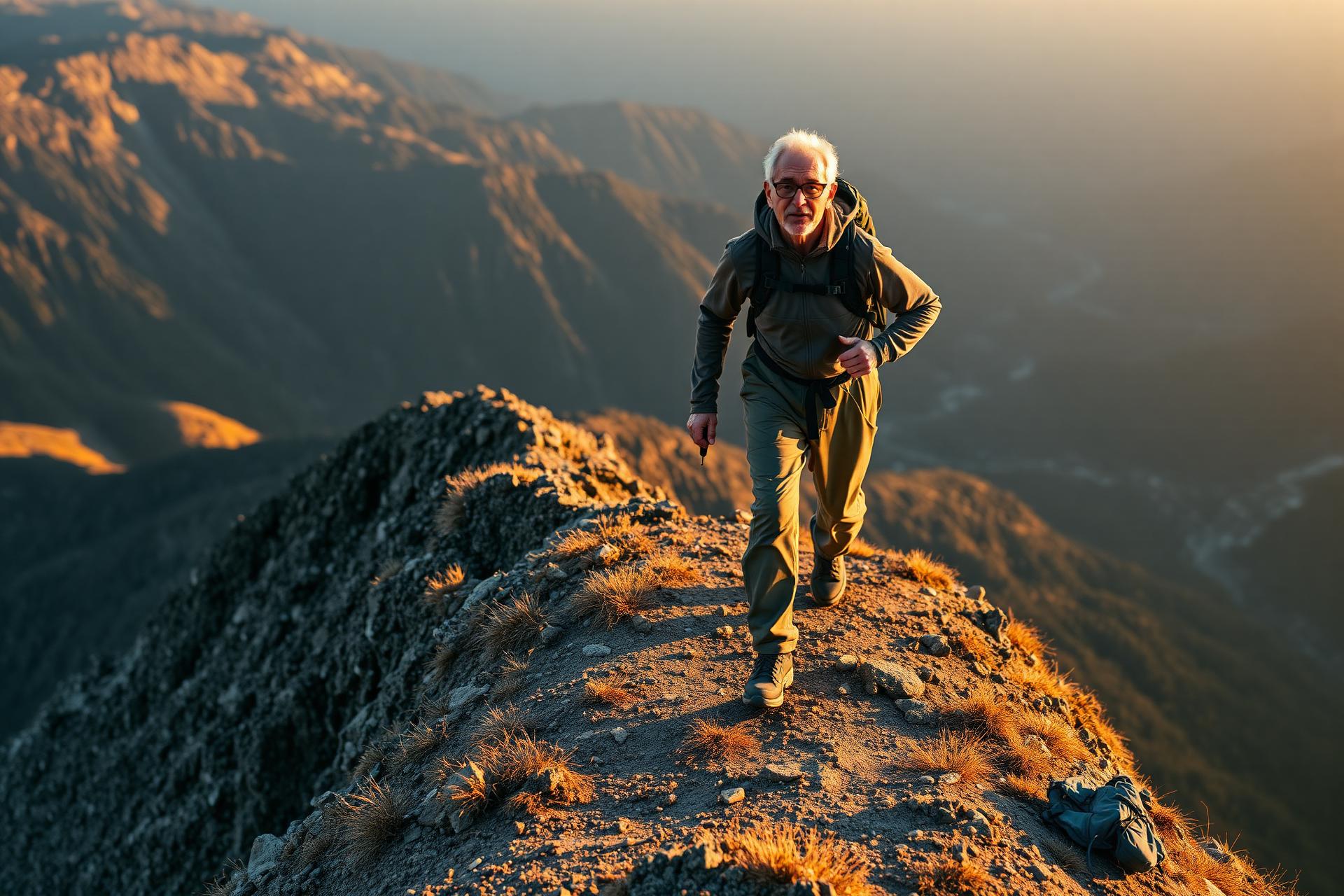 Active adult hiking a mountain ridge trail at golden hour, backpack on, arms raised
