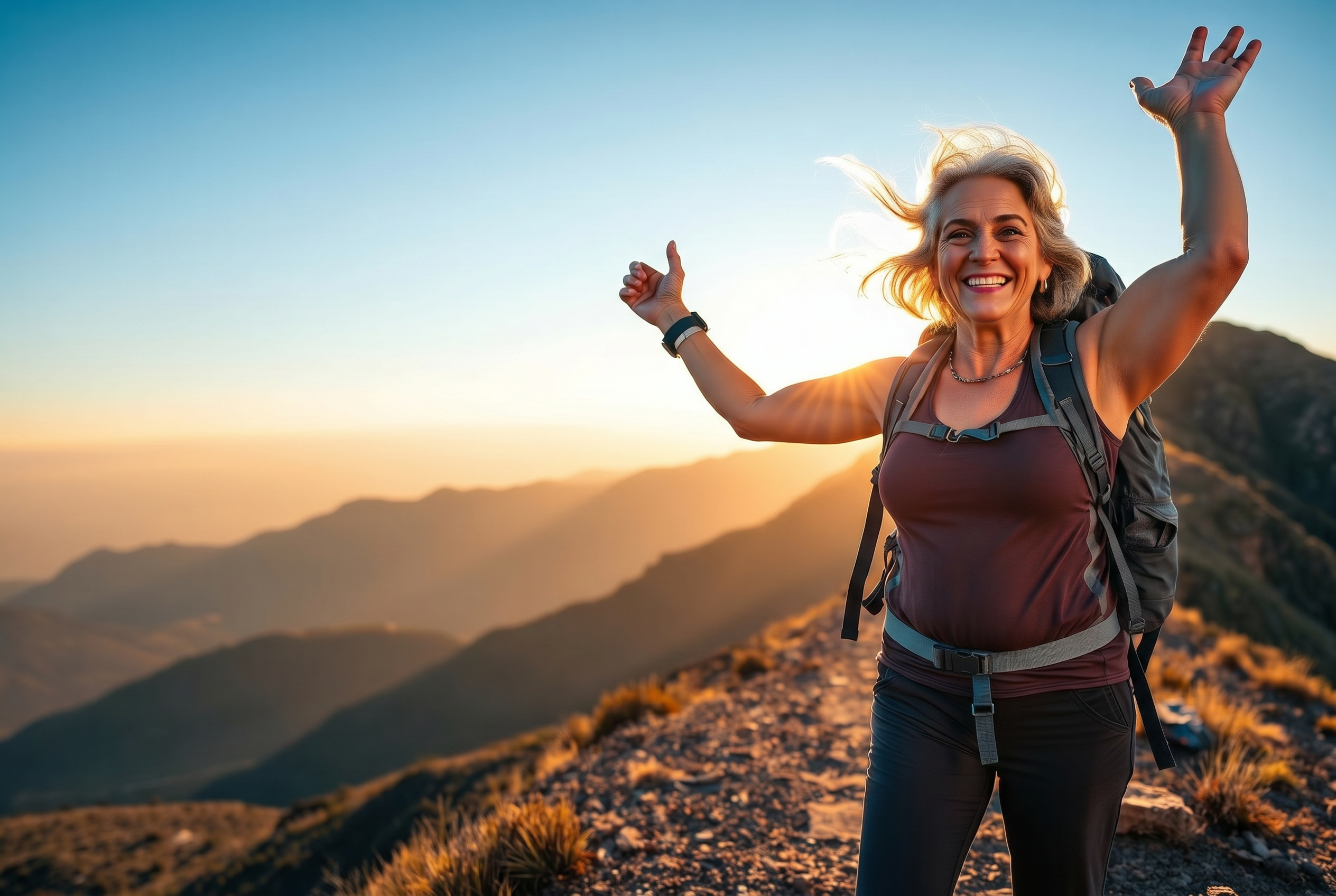 Adventurous woman in her 50s on a mountain ridge at golden hour, backpack on, arms raised in triumph